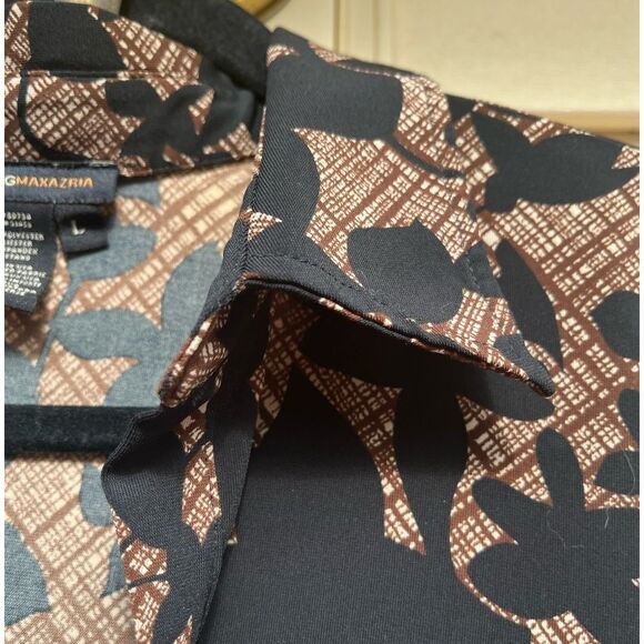 BcbgMaxAzria brown/black pattern long-sleeved collared v-neck blouse, Large - Picture 4 of 8